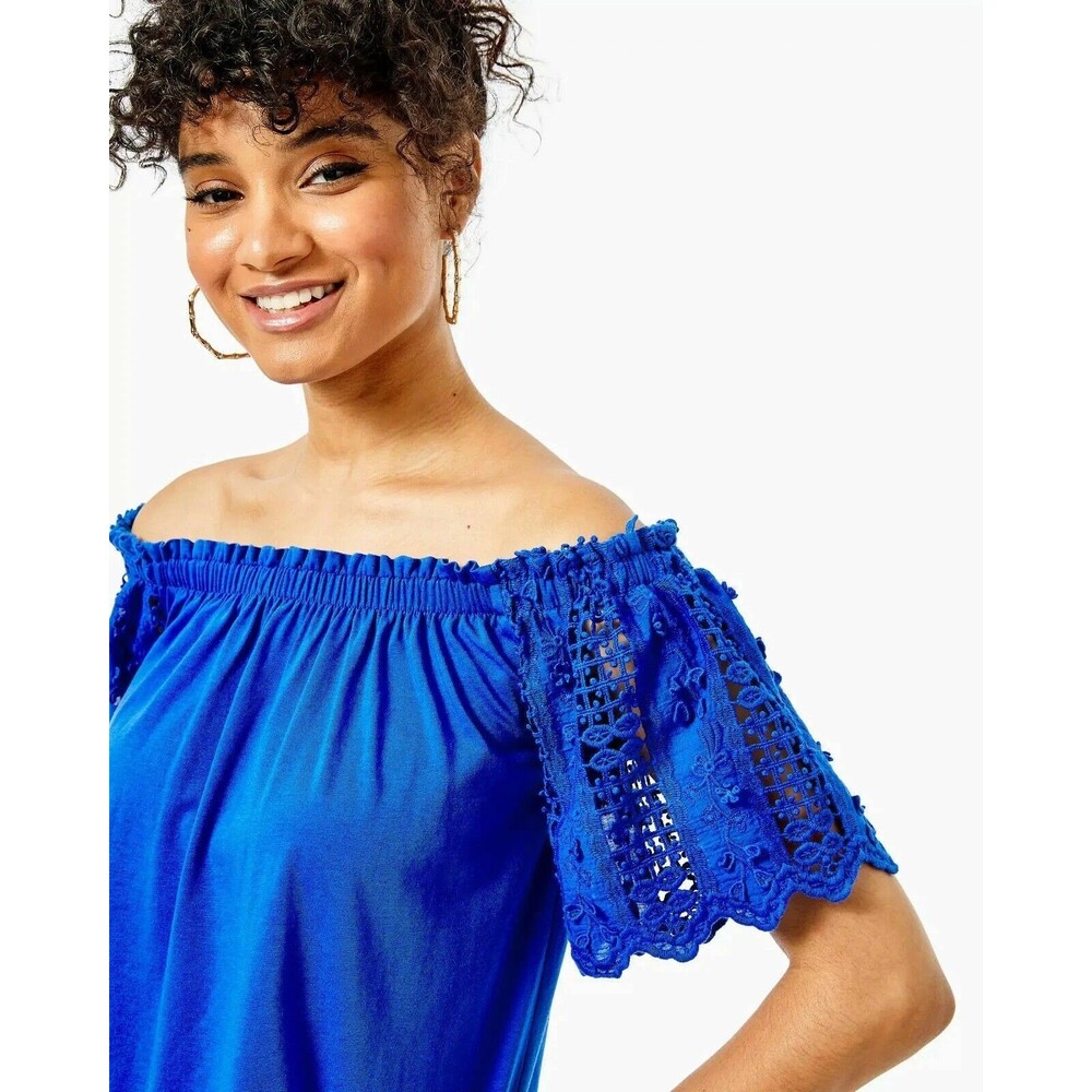 Lilly Pulitzer Fayette Off-The-Shoulder Blouse Top Crochet Ruffle Blue XL 287602 - Picture 3 of 9